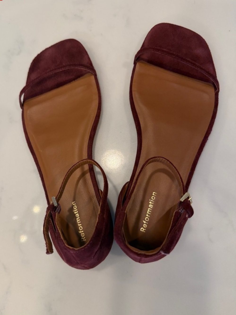 Reformation Burgundy Suede Square-Toe Ankle-Strap Sandals
